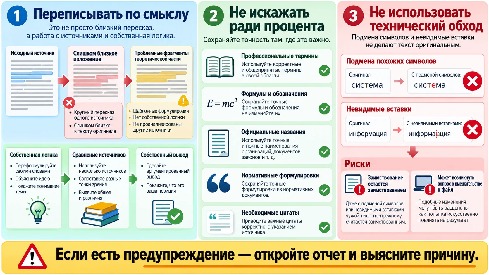 Разделение содержательной правки и технического обхода антиплагиата