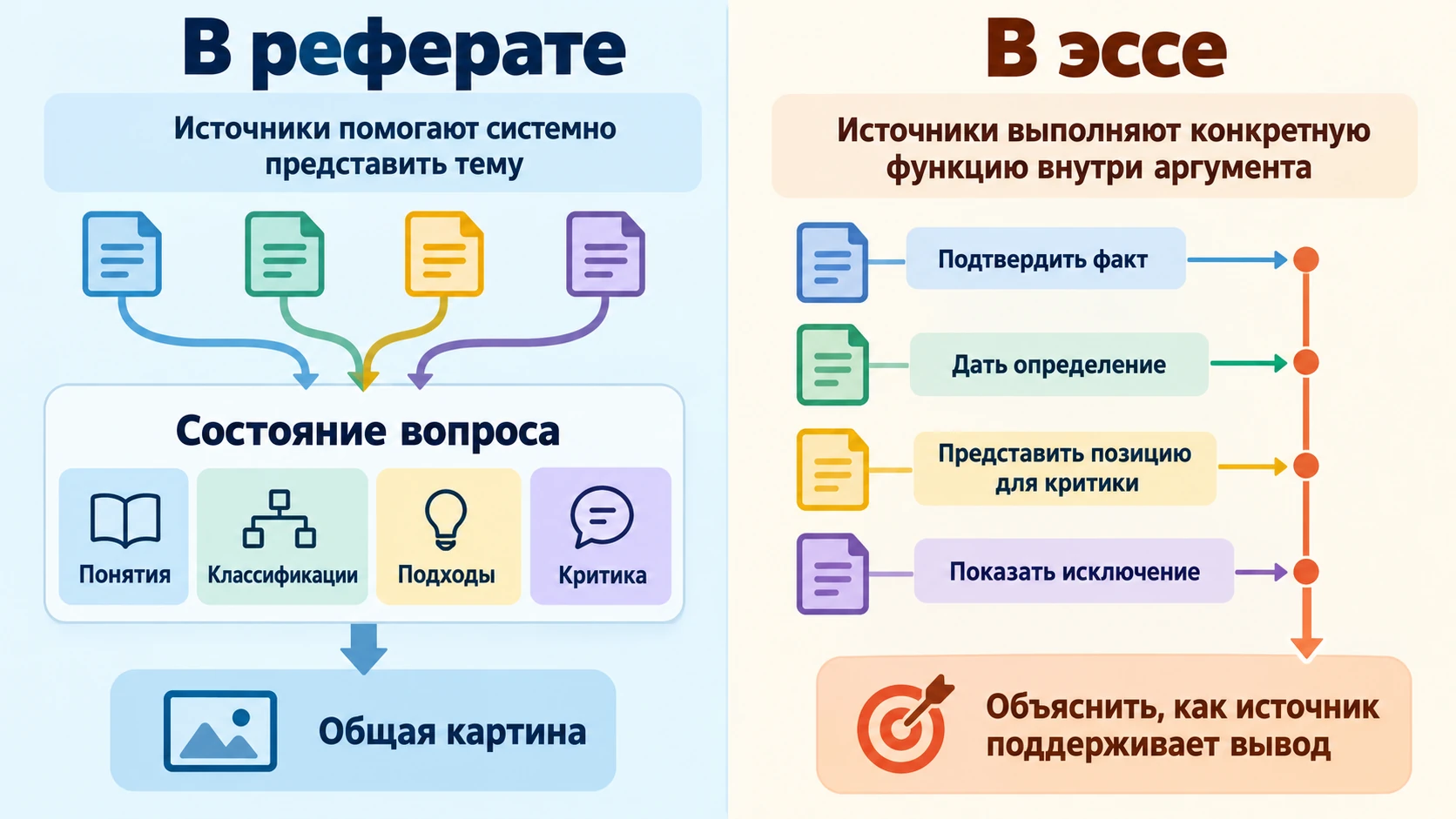 Сравнение роли источников в реферате и эссе