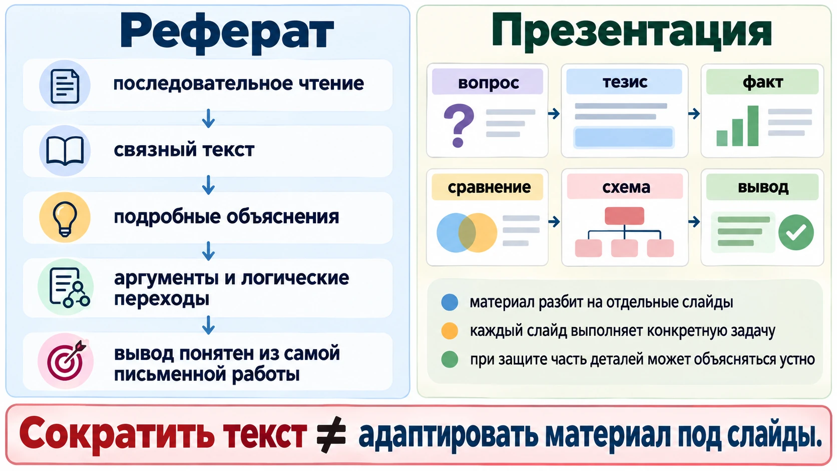 Сравнение последовательного текста реферата и структуры презентации по слайдам