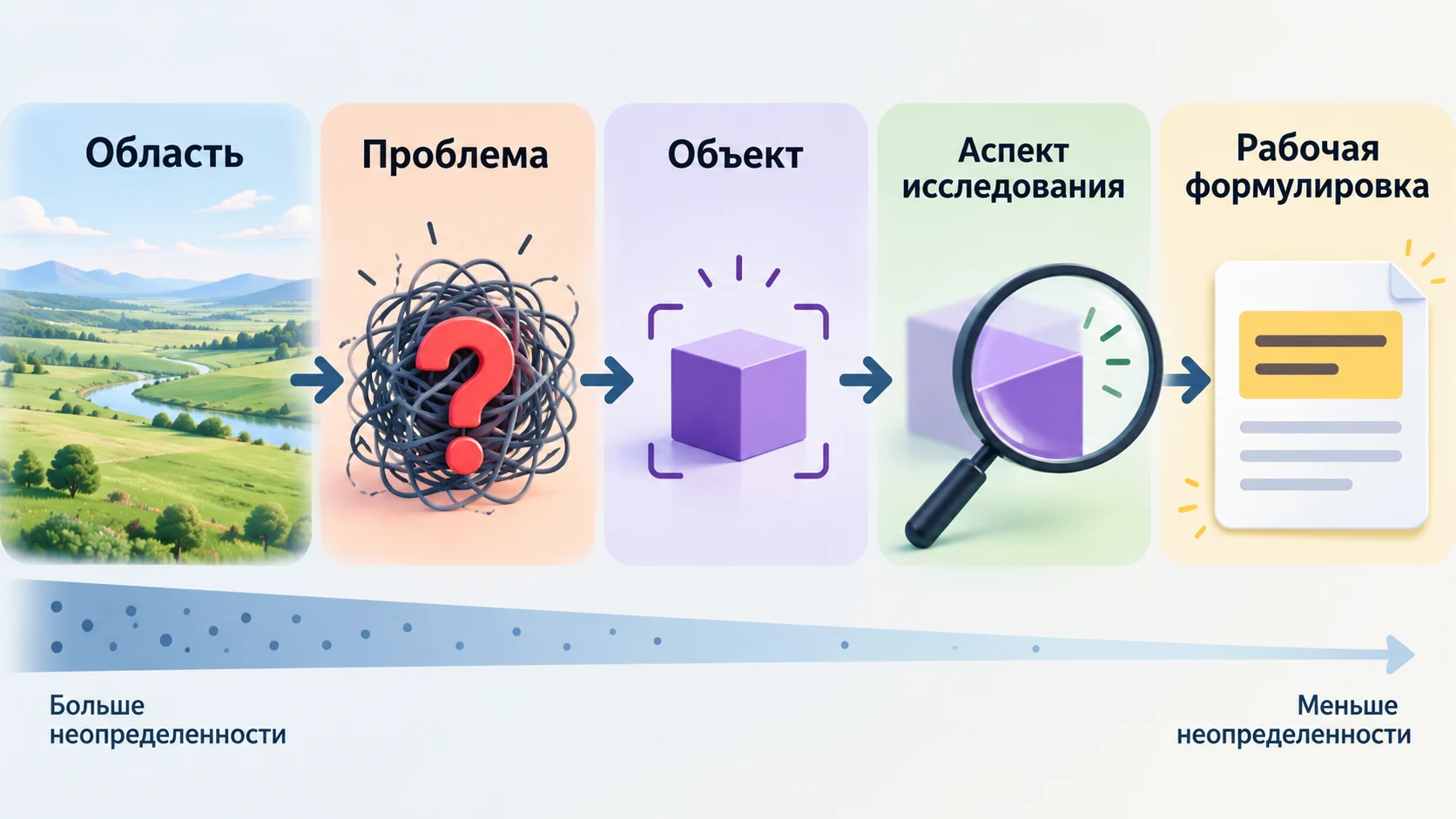 Схема превращения широкой области интереса в рабочую тему диплома