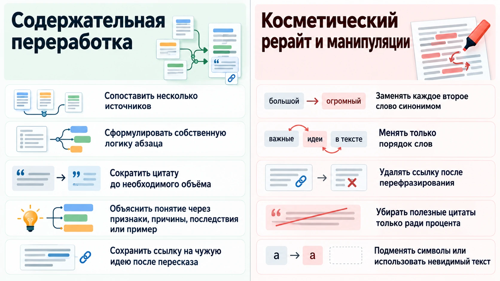 Сравнение содержательной переработки реферата и бесполезных способов рерайта