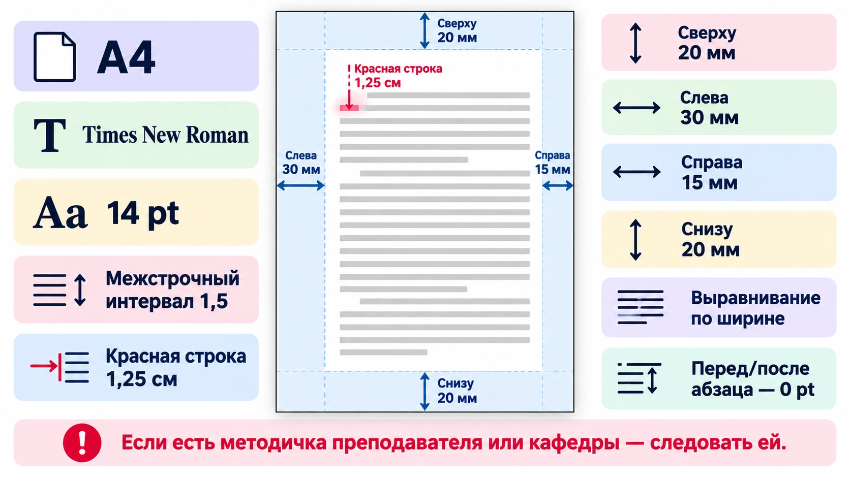Схема базовых настроек страницы и текста для реферата