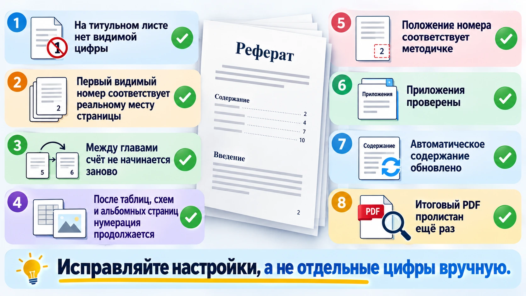 Чек-лист проверки нумерации страниц реферата перед отправкой